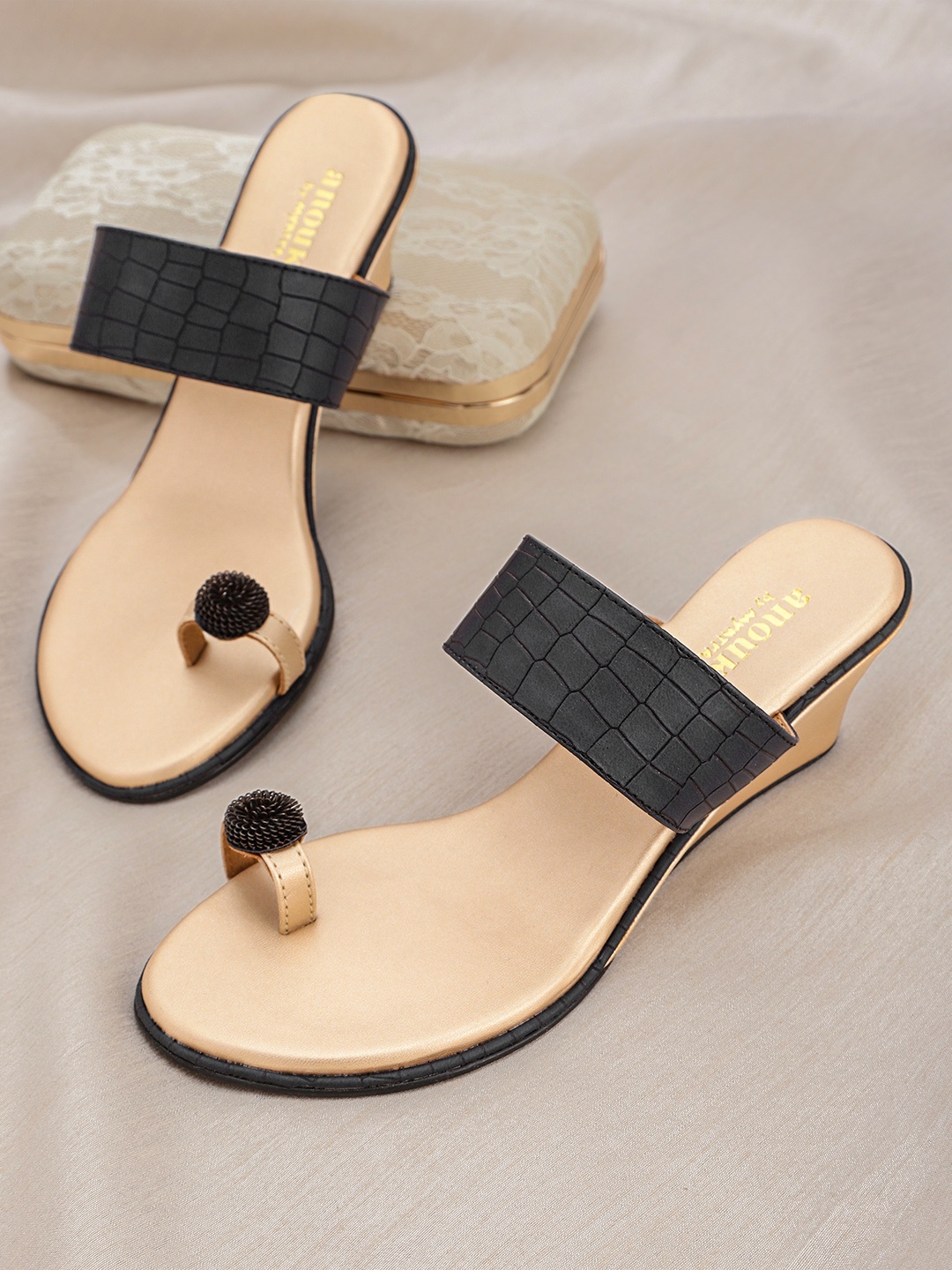 

Anouk Navy Blue & Beige Croc Textured Metallic Floral Detail Handcrafted Textured Wedges
