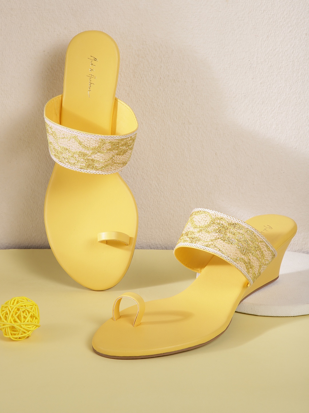 

Mast & Harbour Women Mustard Yellow Woven Design Wedges