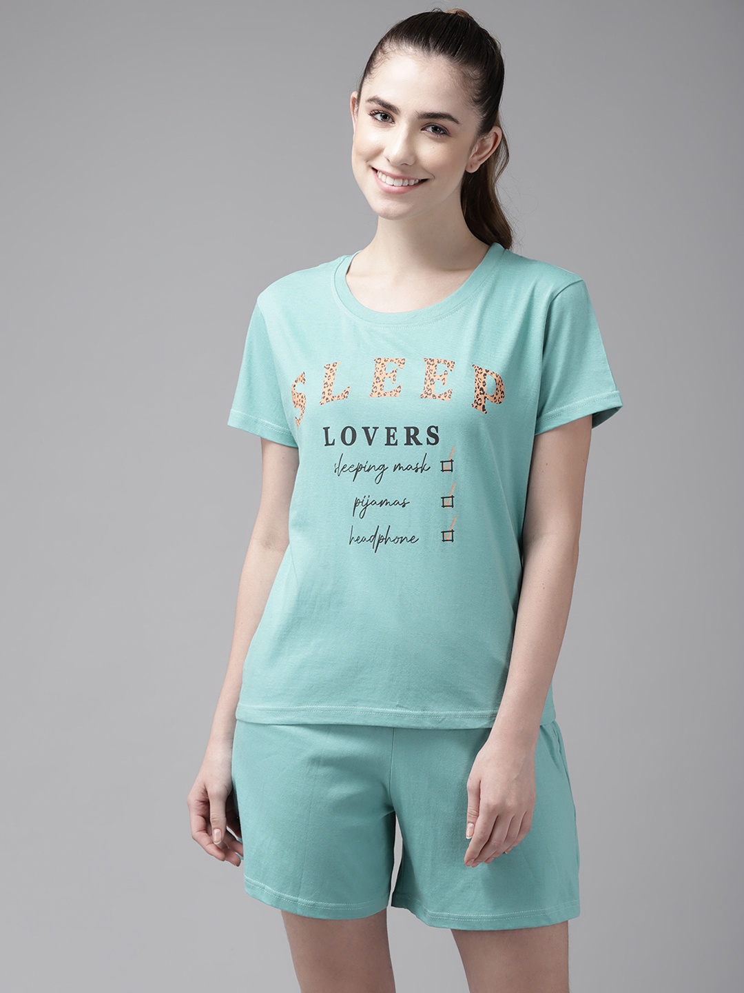 

The Dry State Women Sea Green & Black Printed Shorts Set