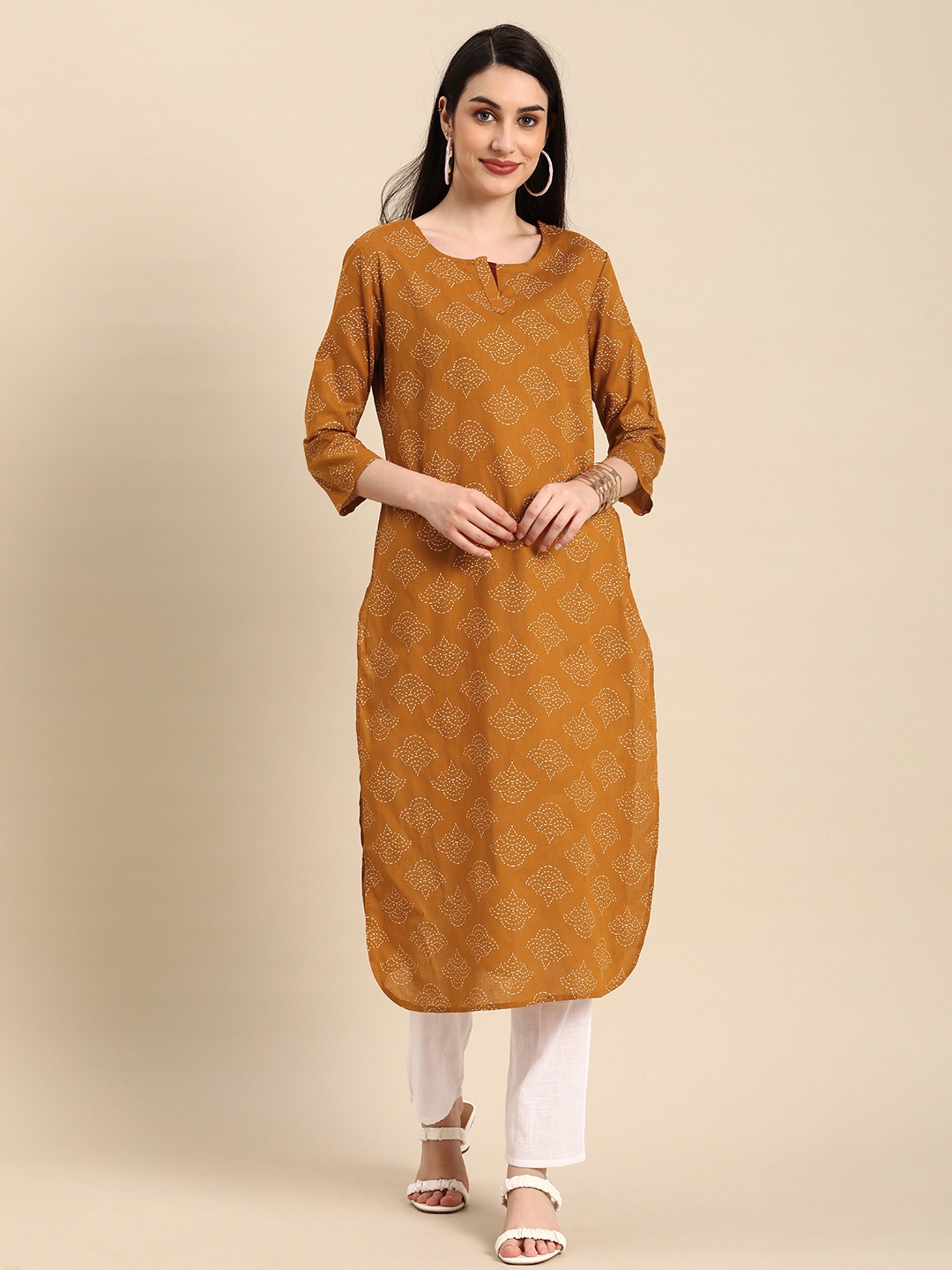 

Anouk Women Mustard Yellow & White Printed Kurta