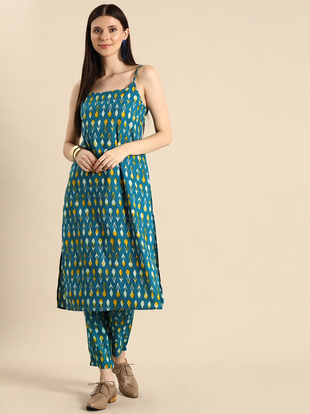 

Anouk Women Teal Blue Printed Pure Cotton Sleeveless Kurta with Trousers