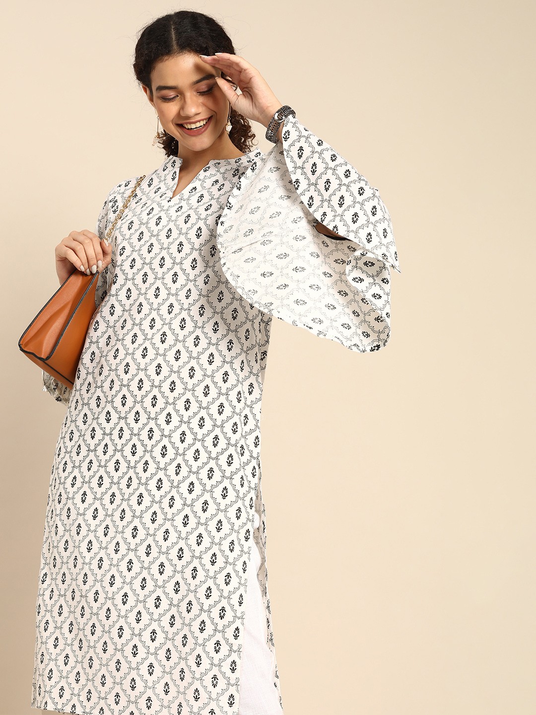 

Anouk Women White & Black Ethnic Motifs Printed Bell Sleeves Kurta