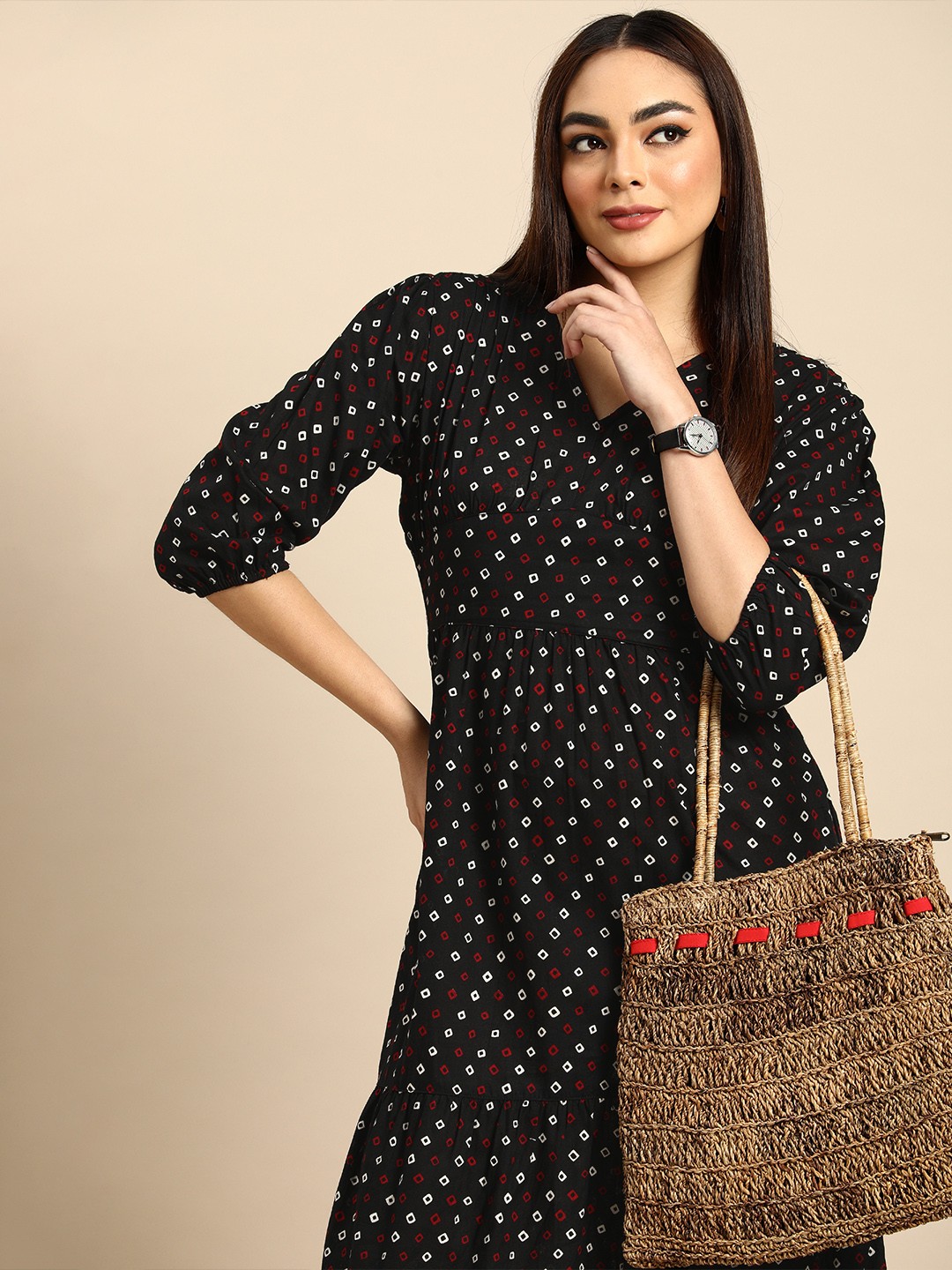 

Anouk Women Black & White Bandhani Printed Pure Cotton A-Line Midi Dress