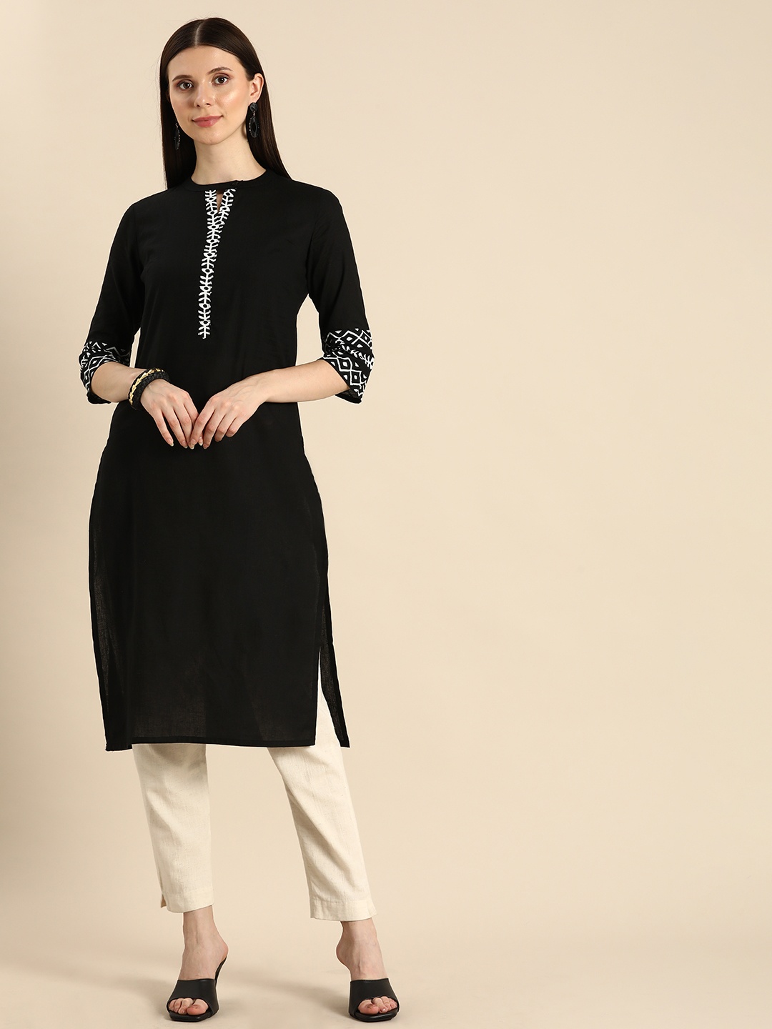 

Anouk Women Black Ethnic Motifs Yoke Design Pure Cotton Straight Kurta