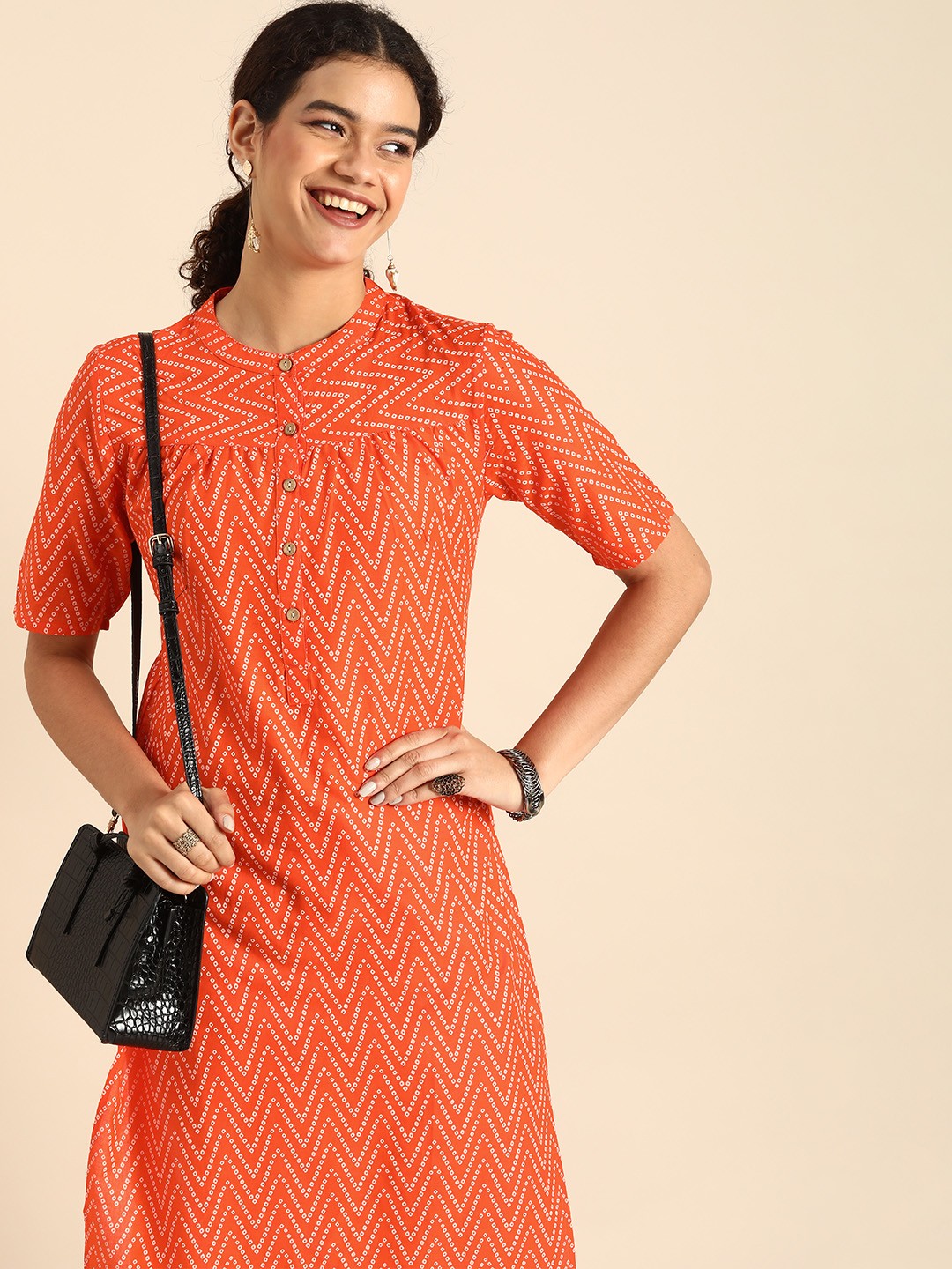 

Anouk Women Orange & White Chevron Printed Kurta