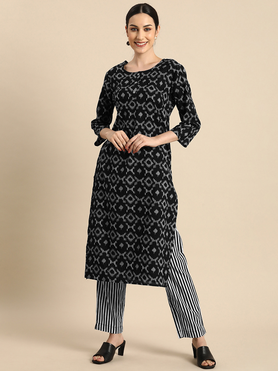 

Anouk Women Black Printed Pure Cotton Kurta with Trousers