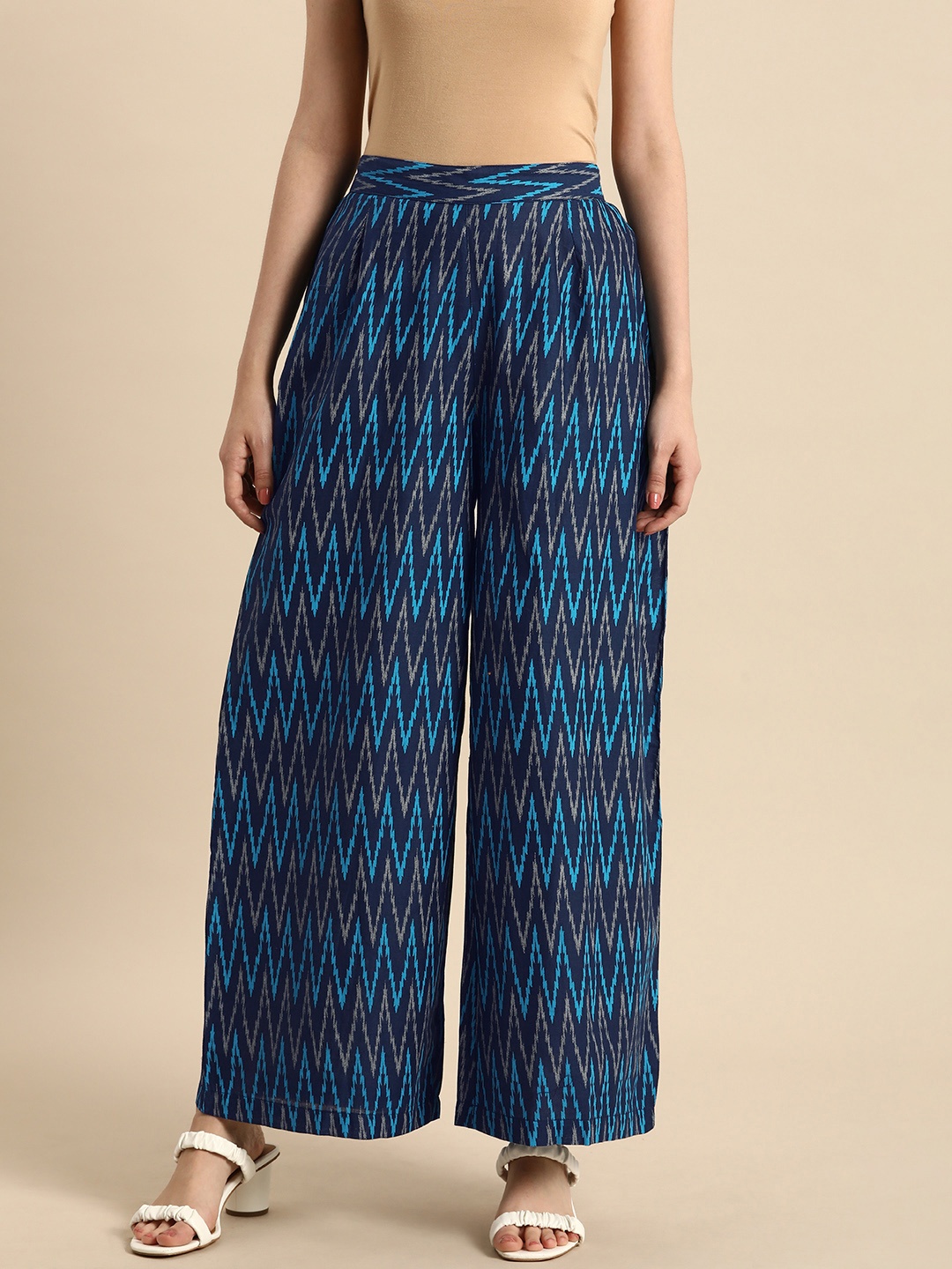 

Anouk Women Blue & Grey Ethnic Motifs Printed Pure Cotton Ethnic Palazzos