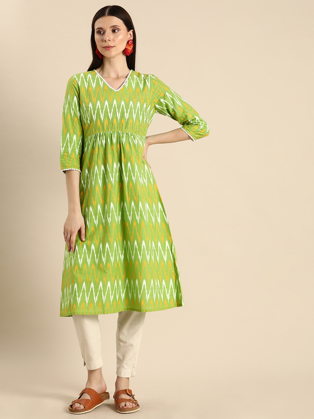 

Anouk Women Green & Mustard Yellow Chevron Printed A-Line Kurta