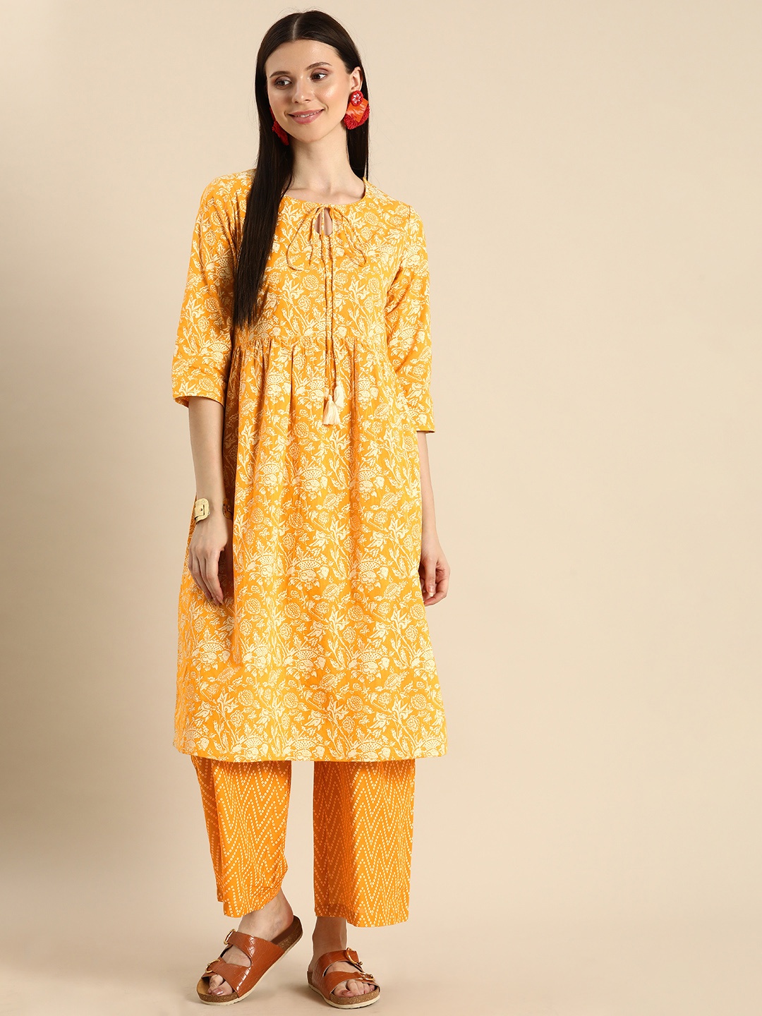 

Anouk Women Mustard Printed Pleated Pure Cotton Kurta with Palazzos