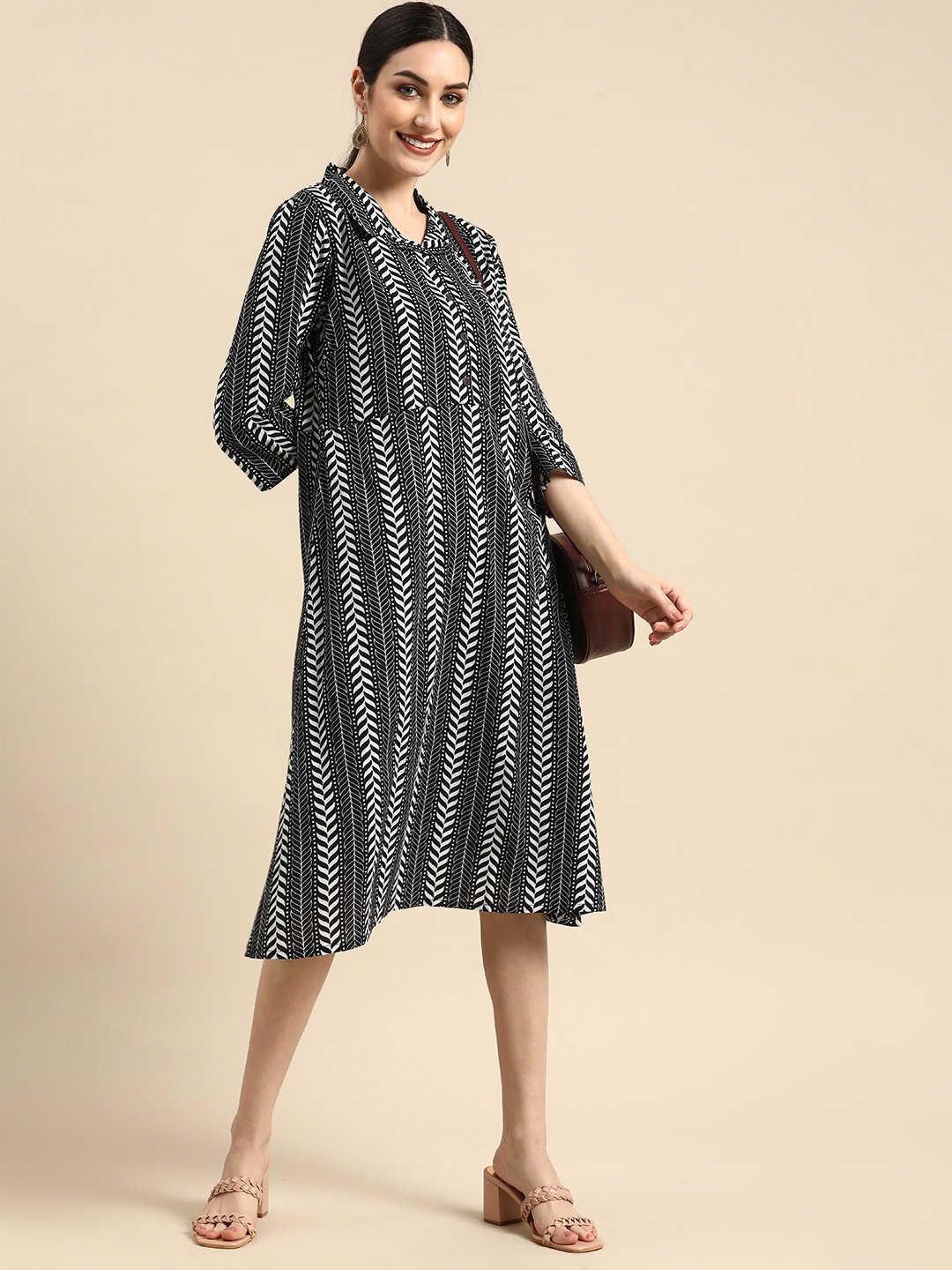 

Anouk Women Black & White Printed Pure Cotton A-Line Dress