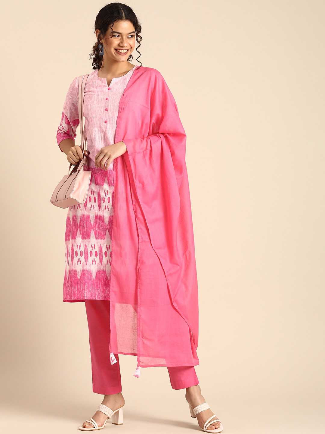 

Anouk Women Pink &Printed Pure Cotton Kurta with Trousers & With Dupatta