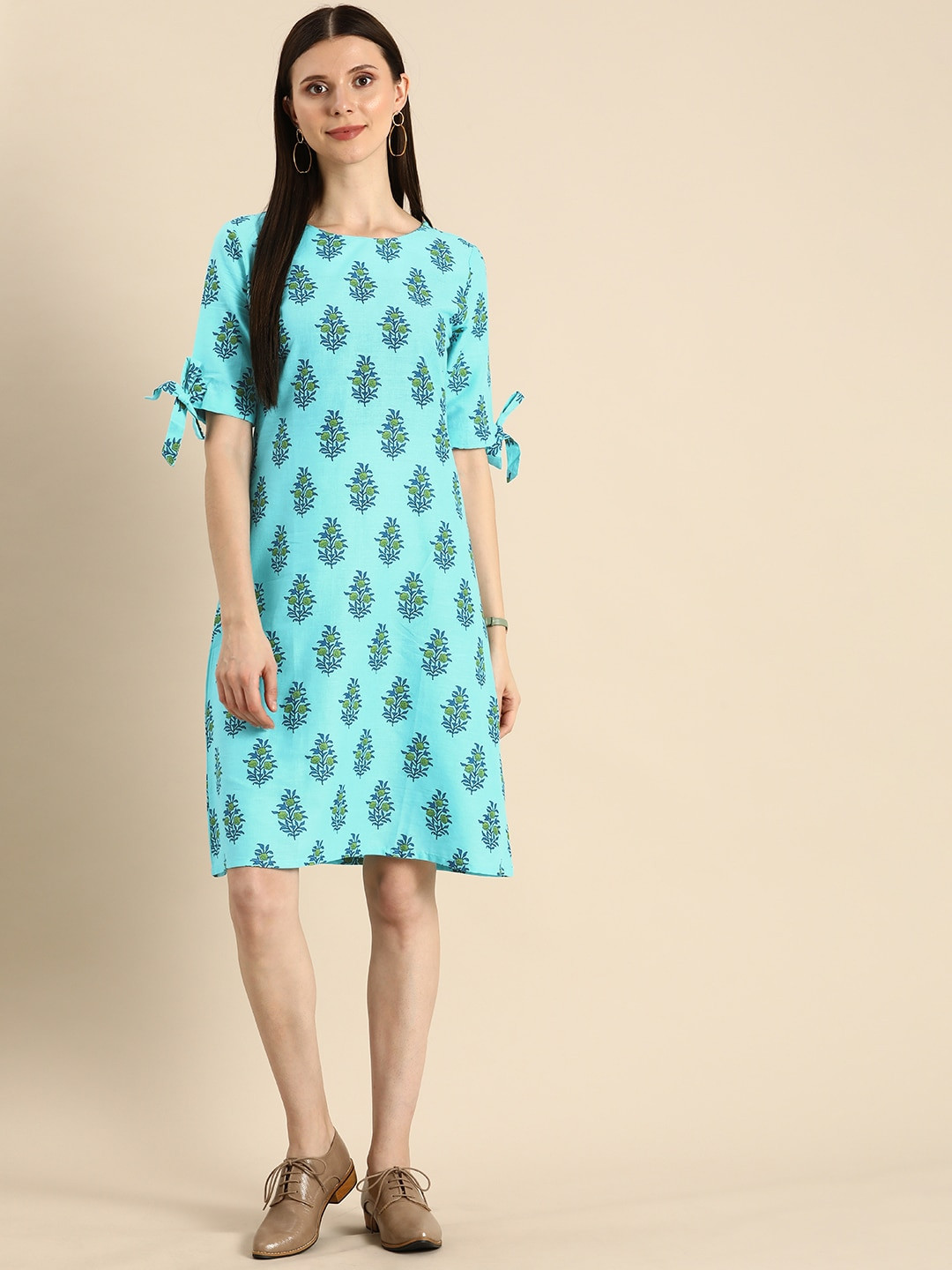 

Anouk Blue Floral Printed Pure Cotton A-Line Dress