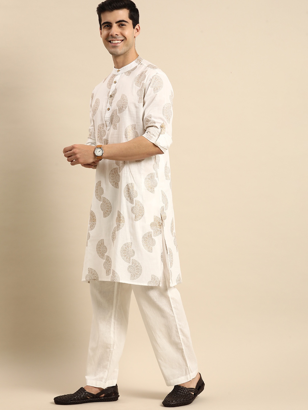 

Anouk Men Off White Ethnic Motifs Printed Pure Cotton Kurta with Pyjamas