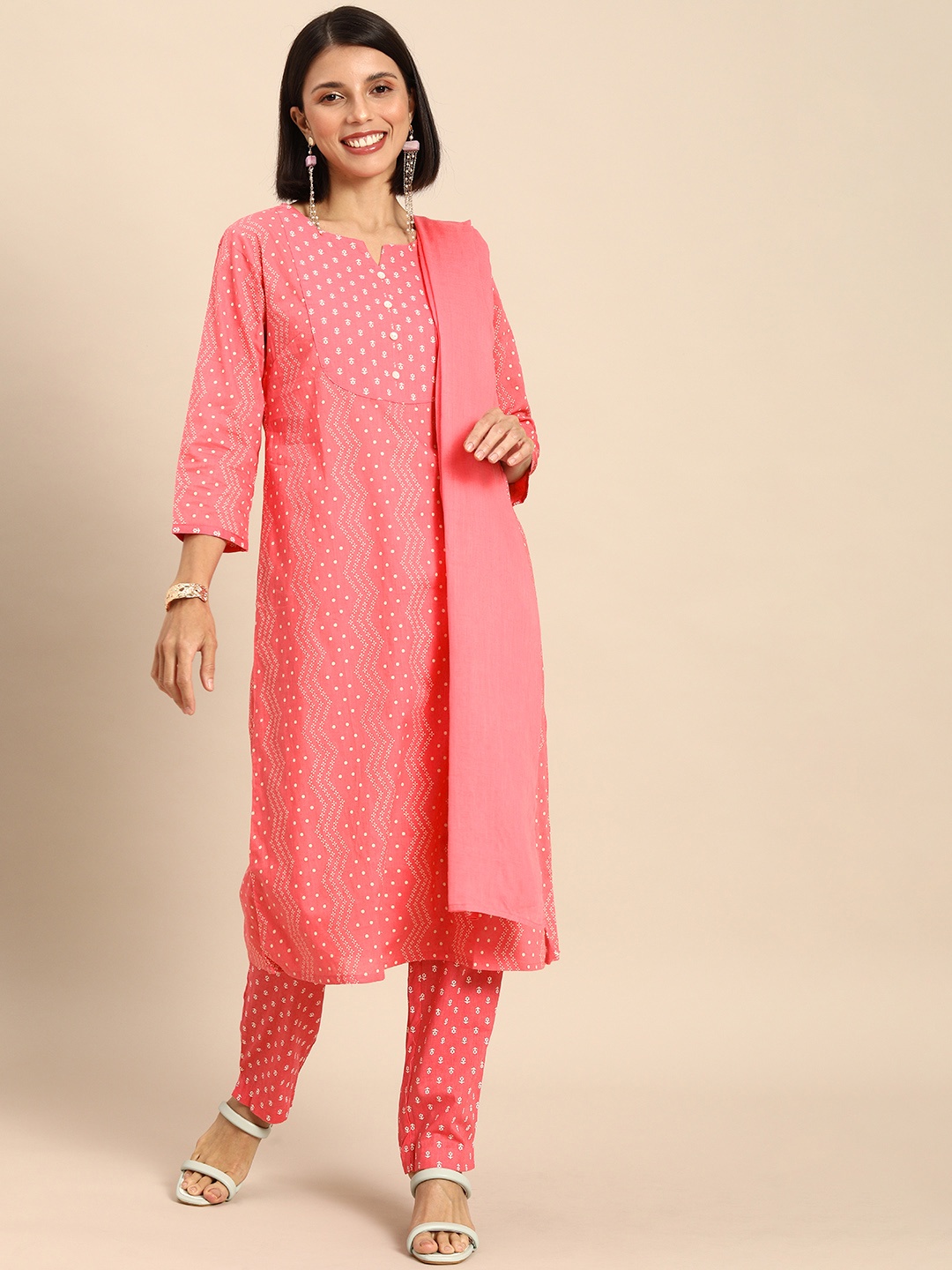 

Anouk Women Pink Ethnic Motifs Printed Pure Cotton Kurta with Trousers & With Dupatta