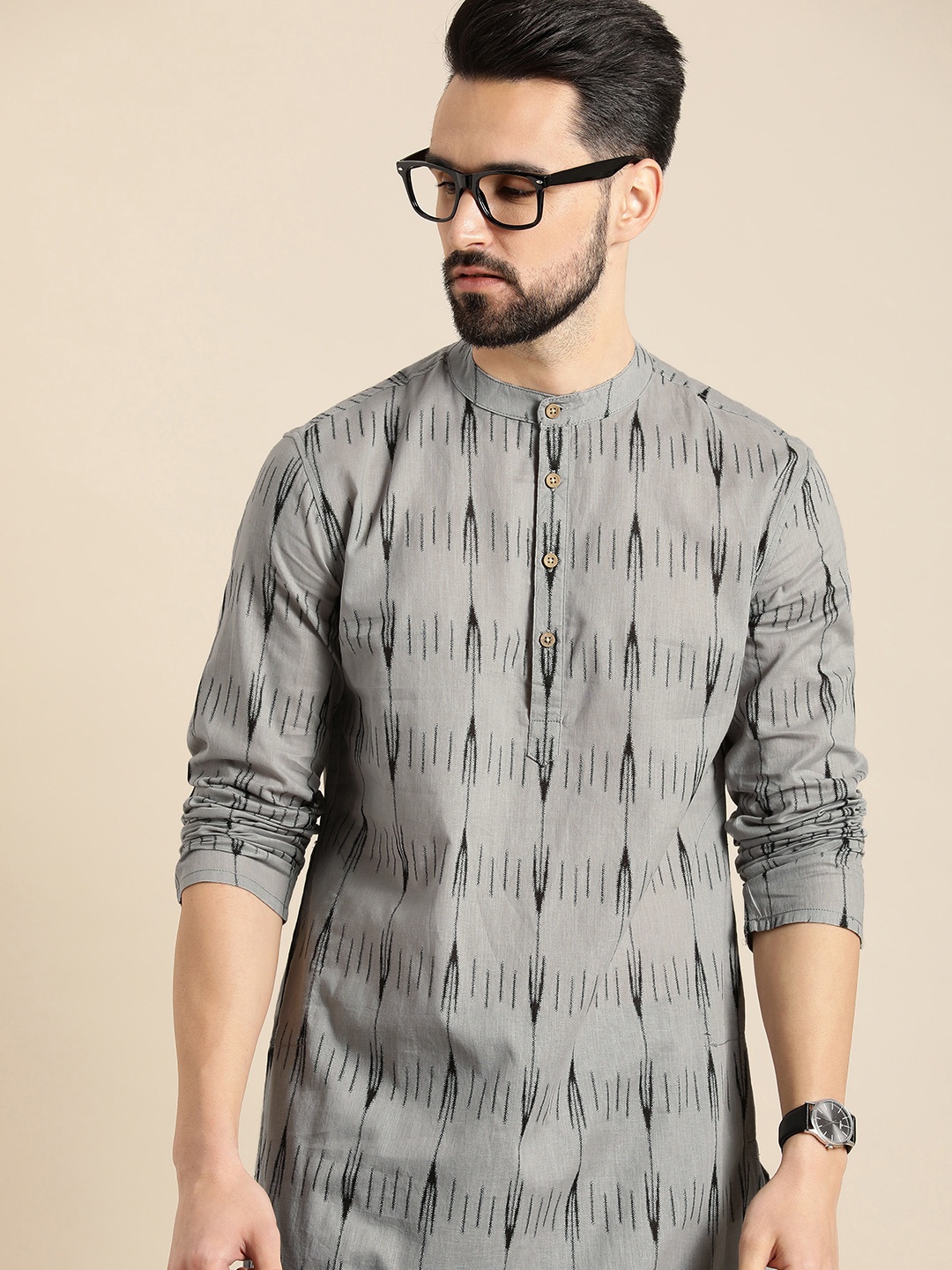 

Anouk Men Grey & Black Printed Pure Cotton Kurta with Pyjamas