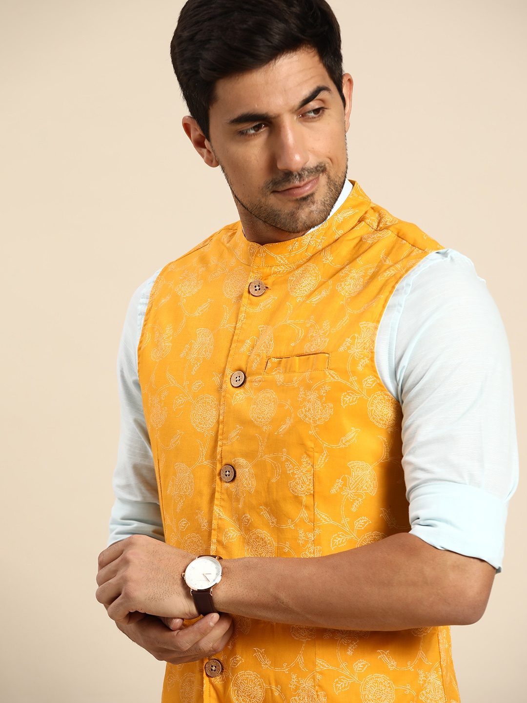 

Anouk x Karkhana Men Mustard Yellow & White Pure Cotton Printed Nehru Jacket