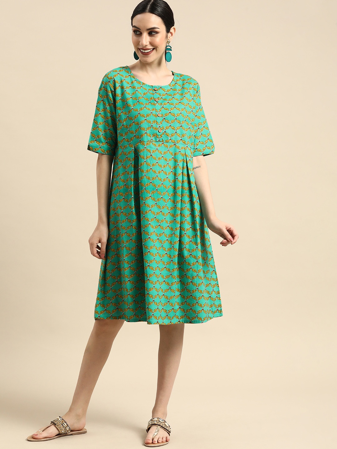 

Anouk Women Turquoise Blue & Green Printed Fit & Flare Dress