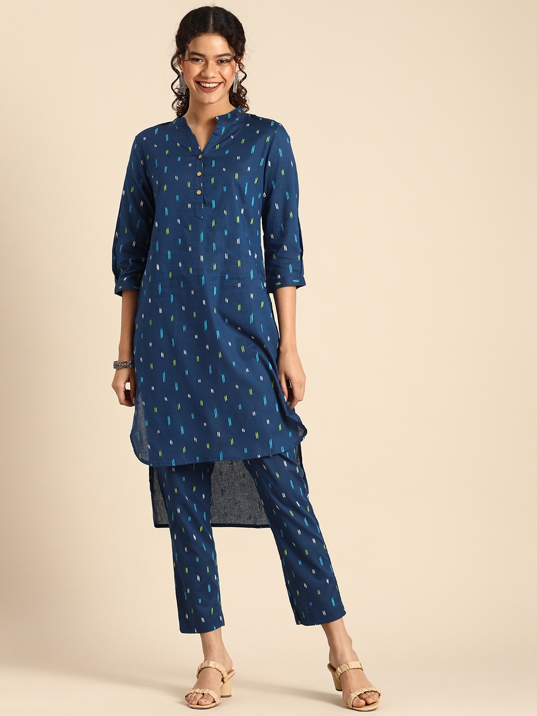 

Anouk Women Navy Blue Self Design Pure Cotton Kurta with Trousers