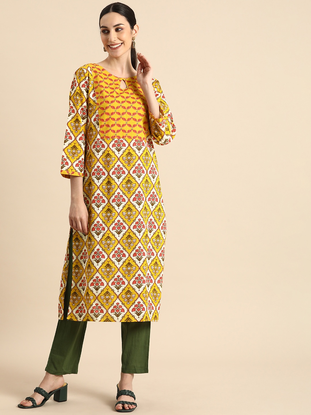 

Anouk Women Mustard Yellow Ethnic Motifs Printed Keyhole Neck Kurta