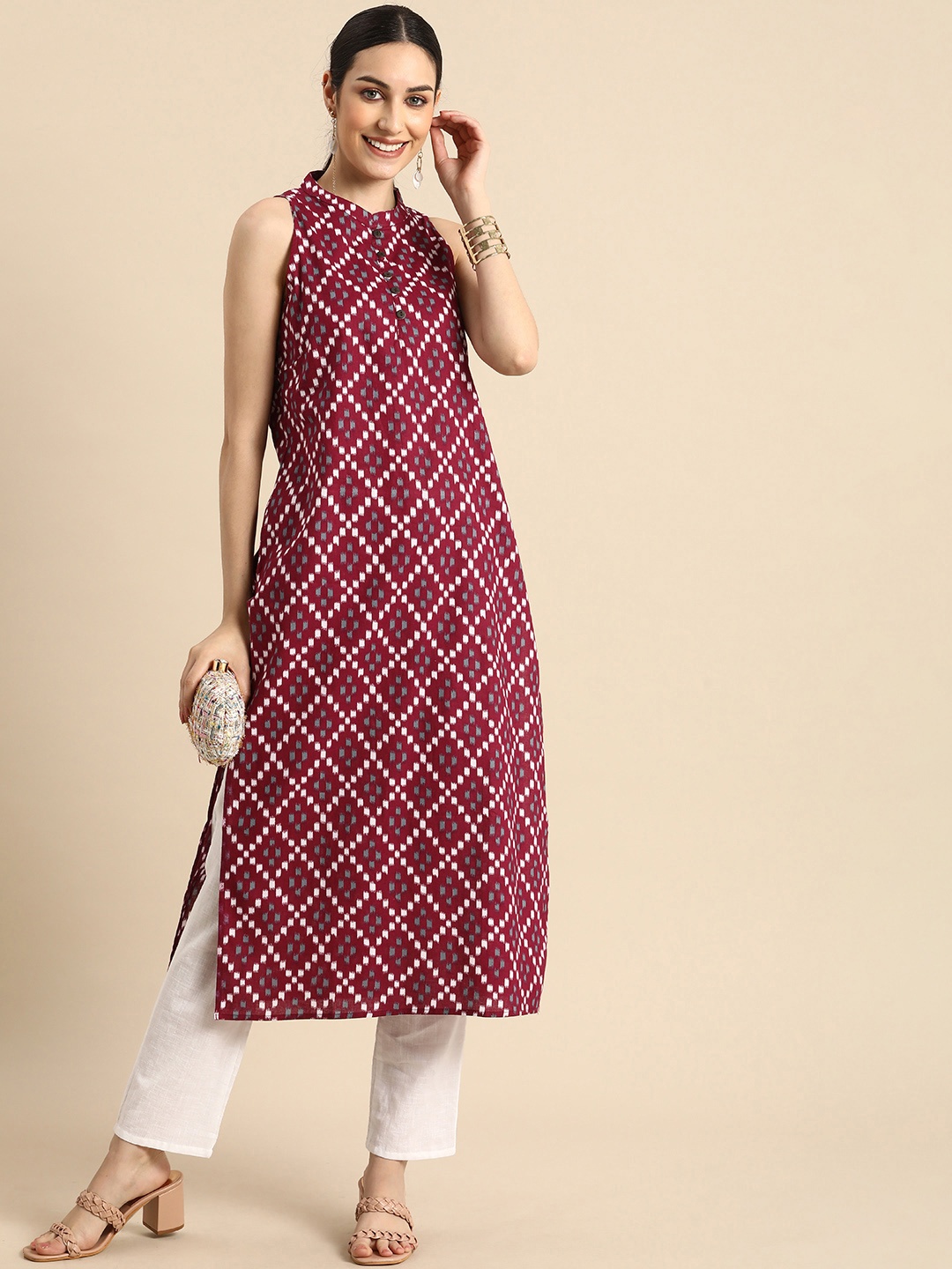 

Anouk Women Maroon & Off White Ethnic Motifs Printed Block Print Kurta