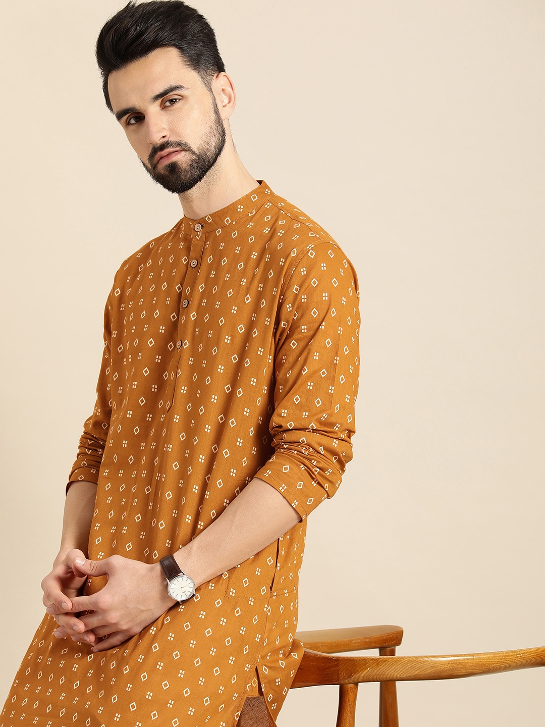 

Anouk Men Mustard Yellow & White Geometric Printed Kurta