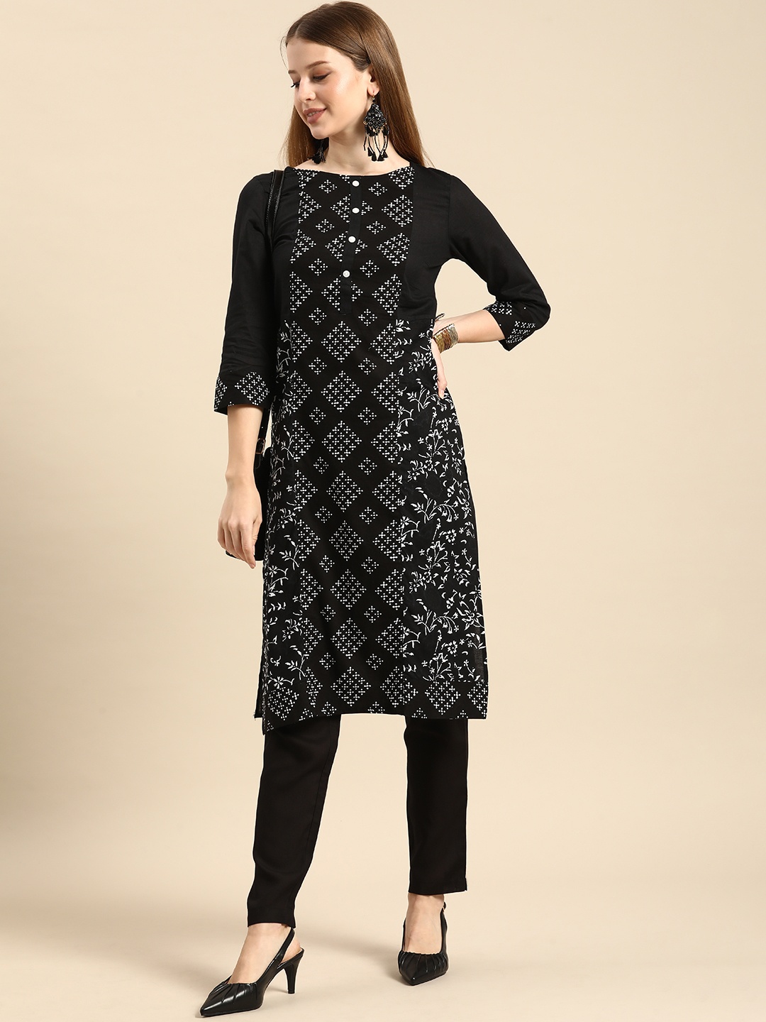 

Anouk Women Black Ethnic Motifs Printed Pure Cotton Kurta with Trousers