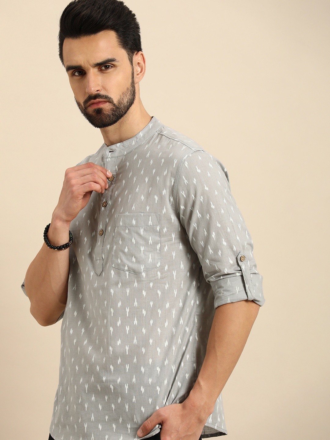 

Anouk Men Grey & White Printed Kurta