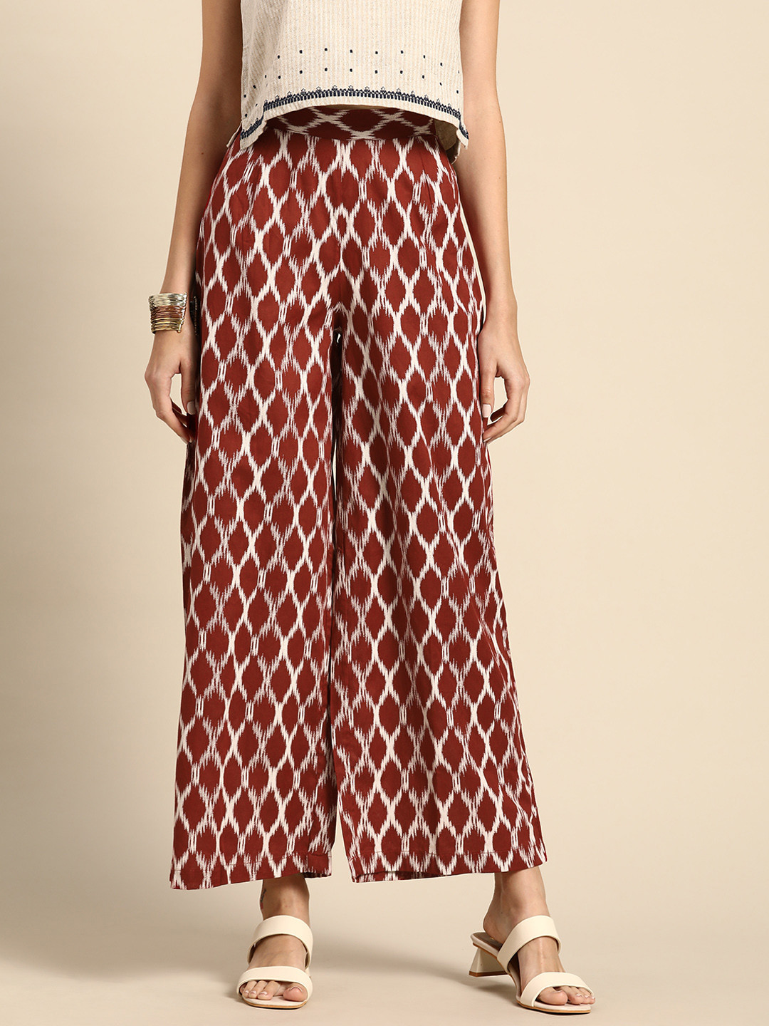 

Anouk Women Maroon & White Pure Cotton Ethnic Motifs Printed Wide Leg Palazzos