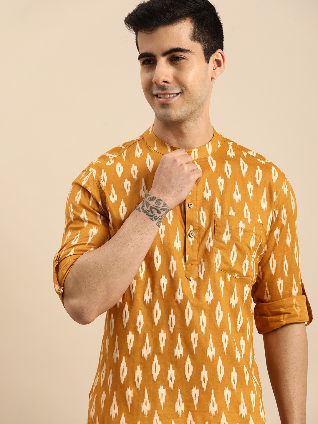 

Anouk Men Mustard Yellow & White Printed Roll-Up Sleeves Pure Cotton Kurta