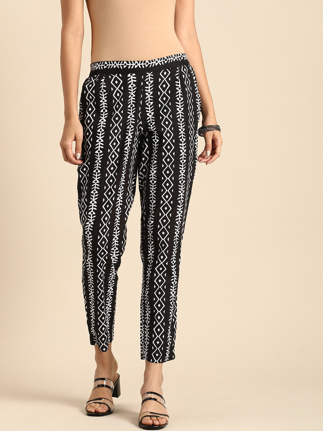 

Anouk Women Black & White Ethnic Motifs Printed Trousers