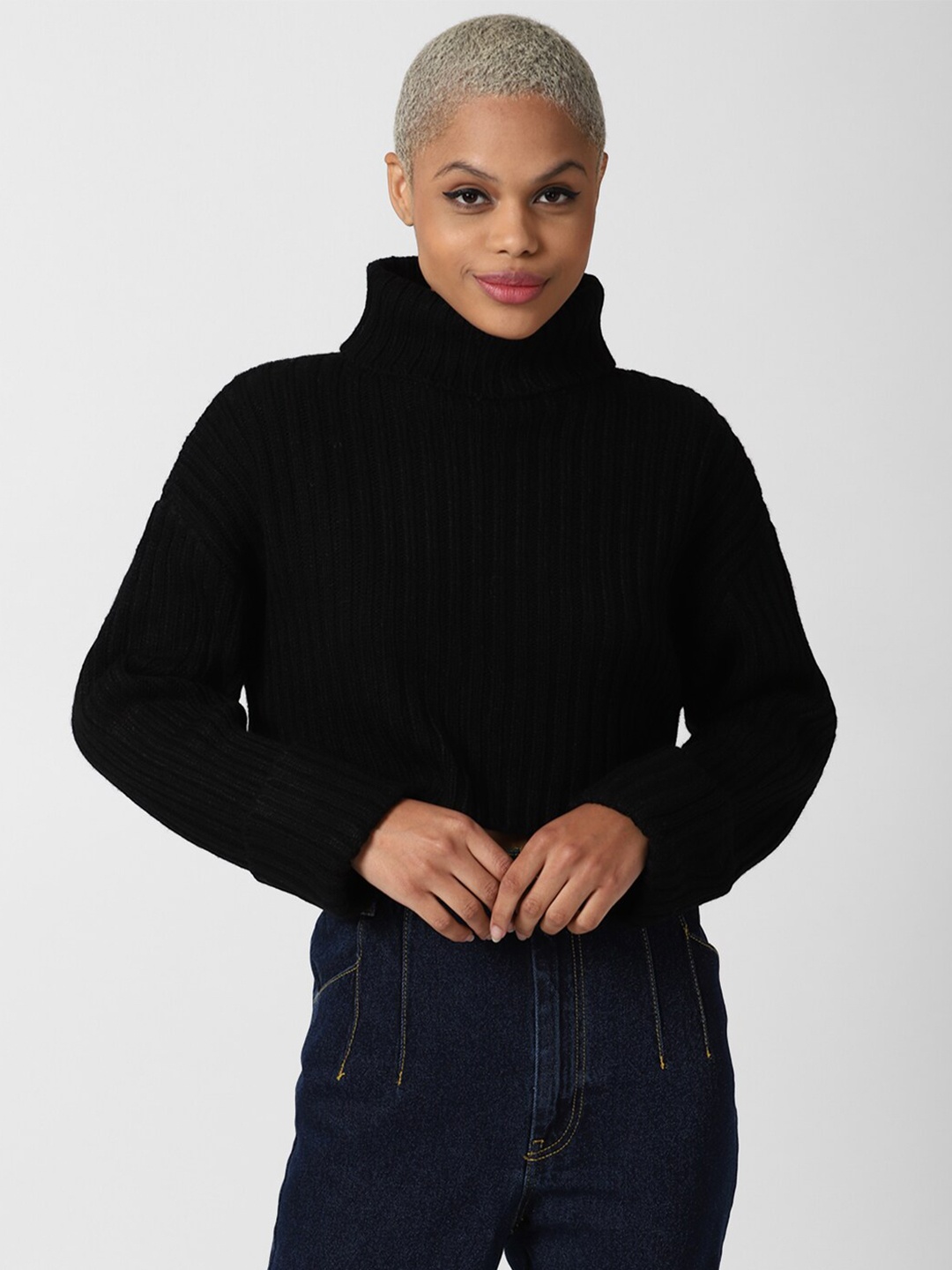 

FOREVER 21 Women Black Acrylic Ribbed Crop Pullover