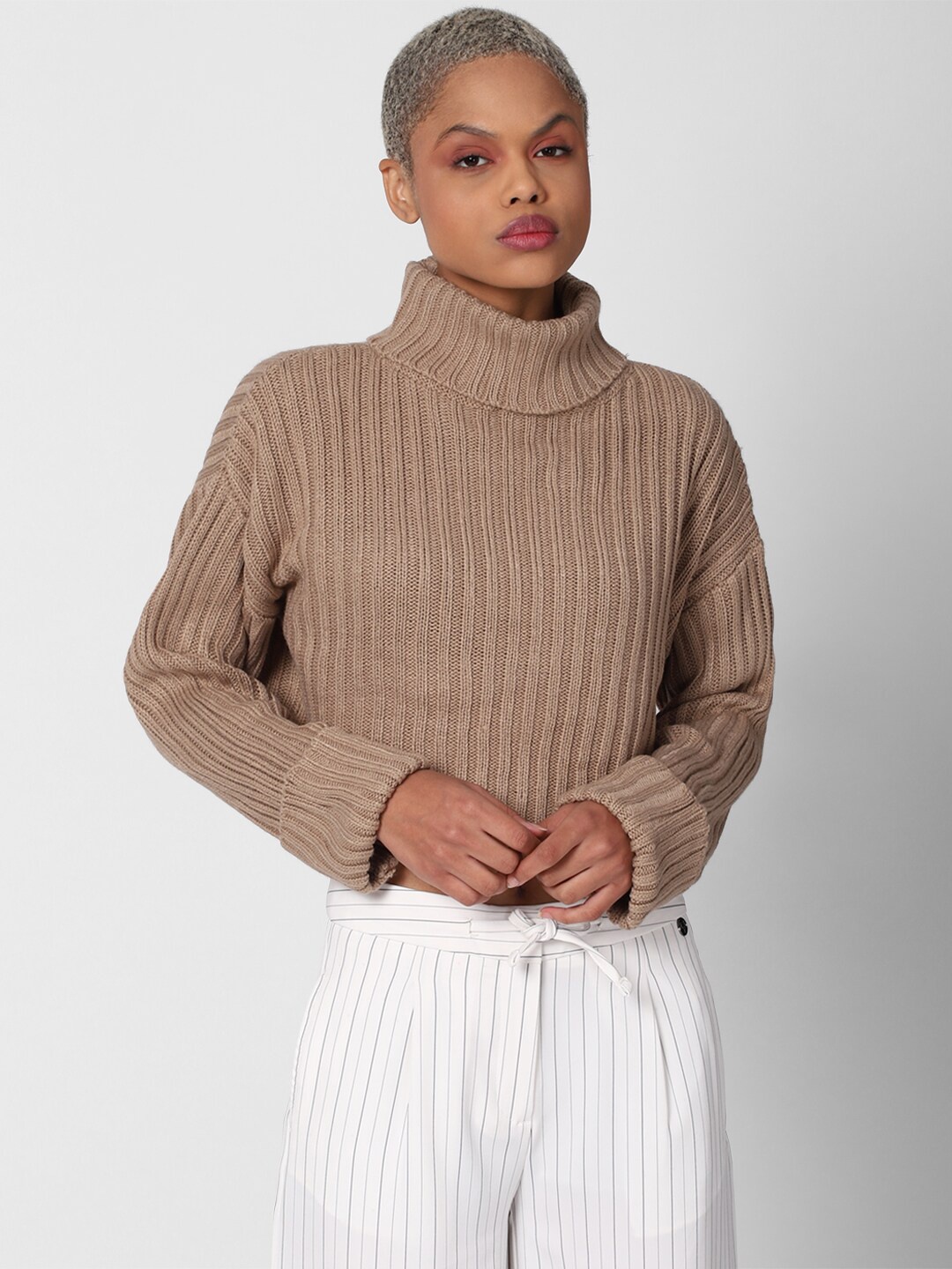 

FOREVER 21 Women Brown Acrylic Ribbed Crop Pullover