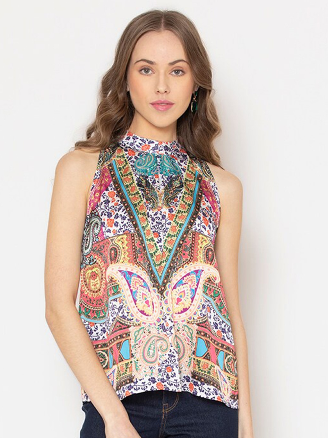 

SHAYE White & Yellow Halter Neck Printed Satin Top