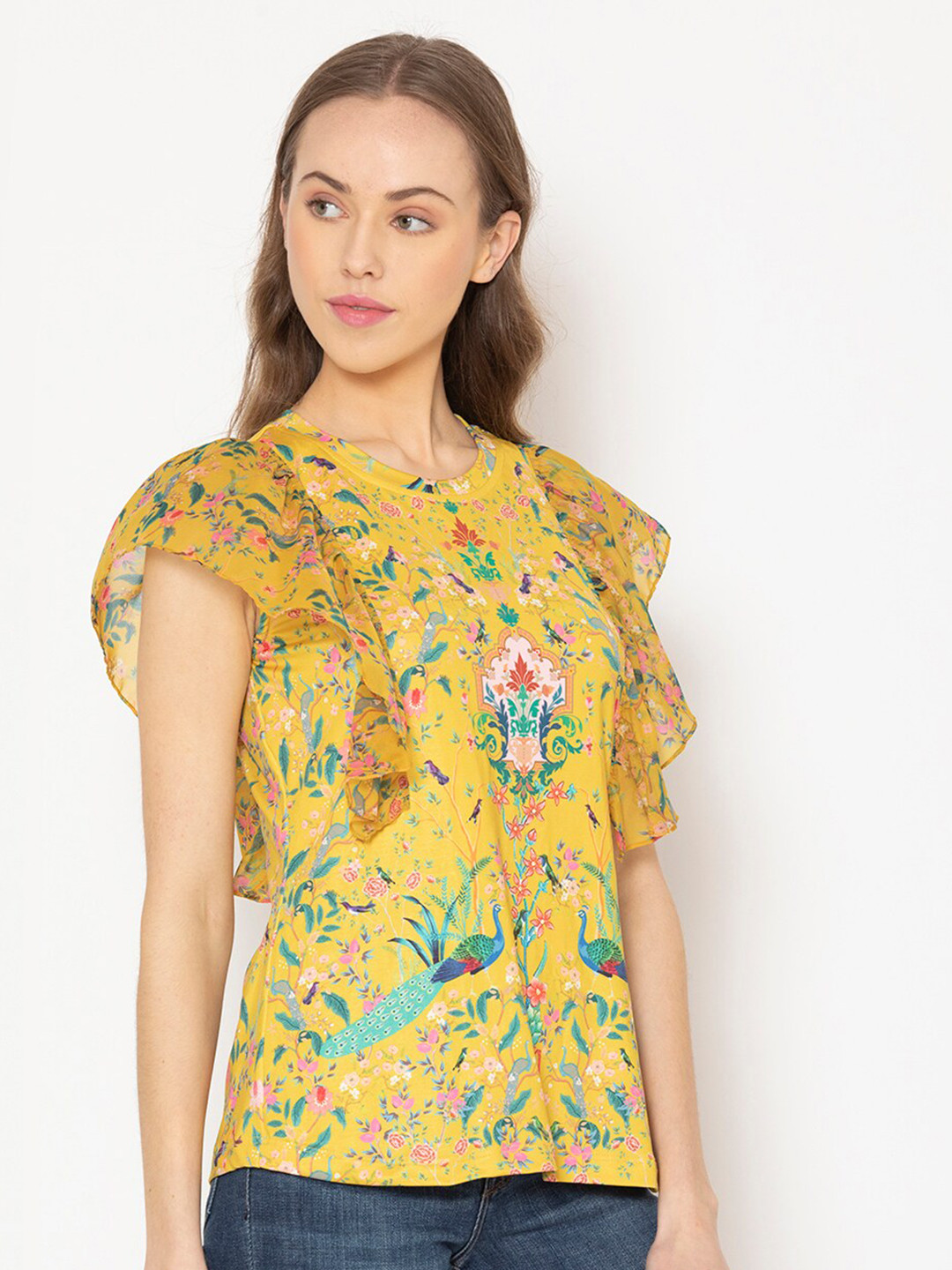 

SHAYE Women Yellow Floral Print Ruffles Top