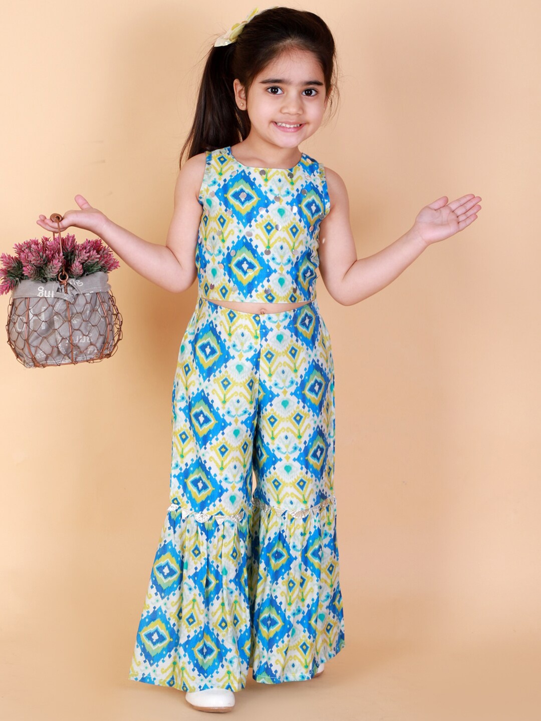 

LIL DRAMA Girls Blue & Yellow Printed Top with Sharara