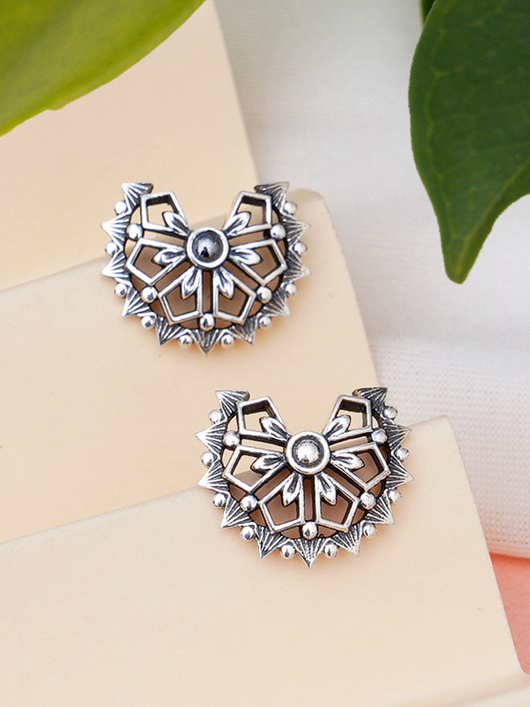 

KUNUZ Silver-Toned Contemporary 925 Sterling Silver Oxidised Antique Studs Earrings