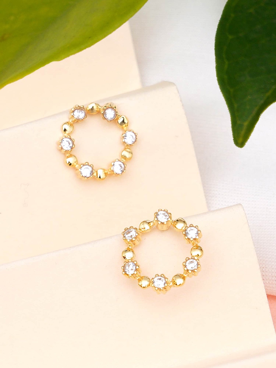 

KUNUZ Gold-Toned & White Contemporary 925 Sterling Silver Studs Earrings