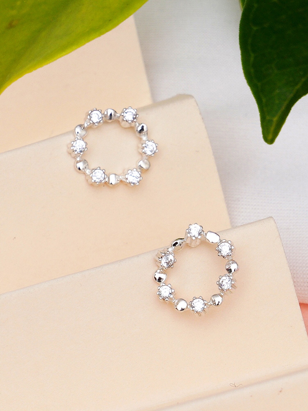 

KUNUZ Silver-Toned Circular 925 Sterling Silver CZ Studded Studs Earrings
