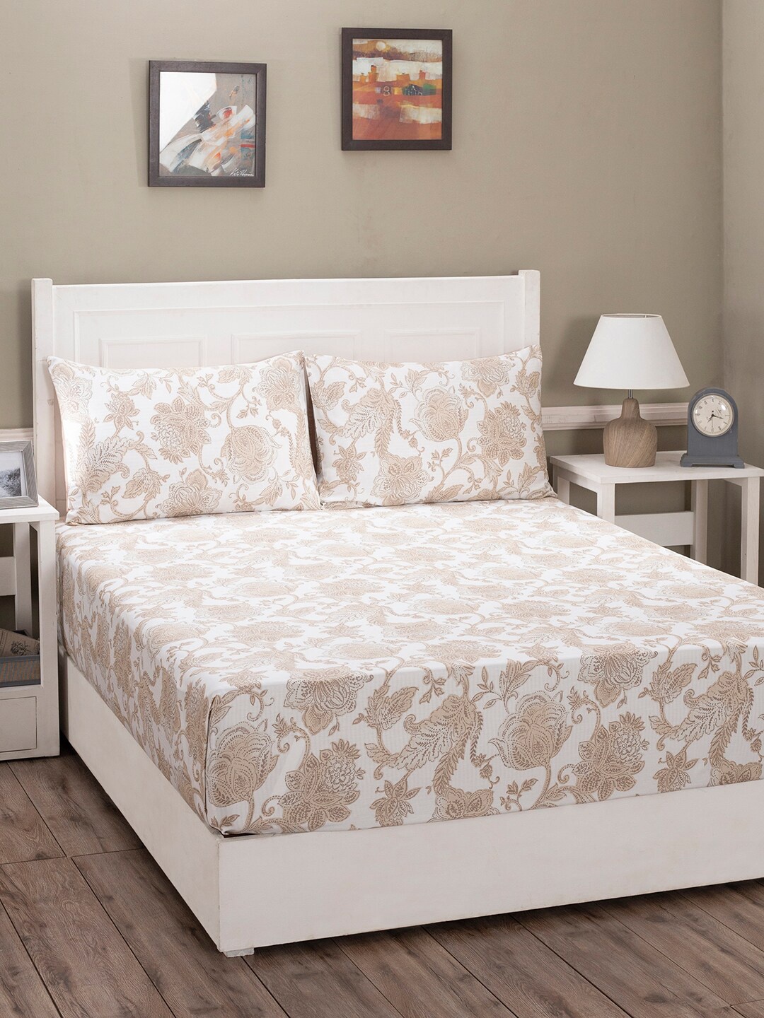 

MASPAR Cream & Off White Floral 210 TC King Bedsheet with 2 Pillow Covers