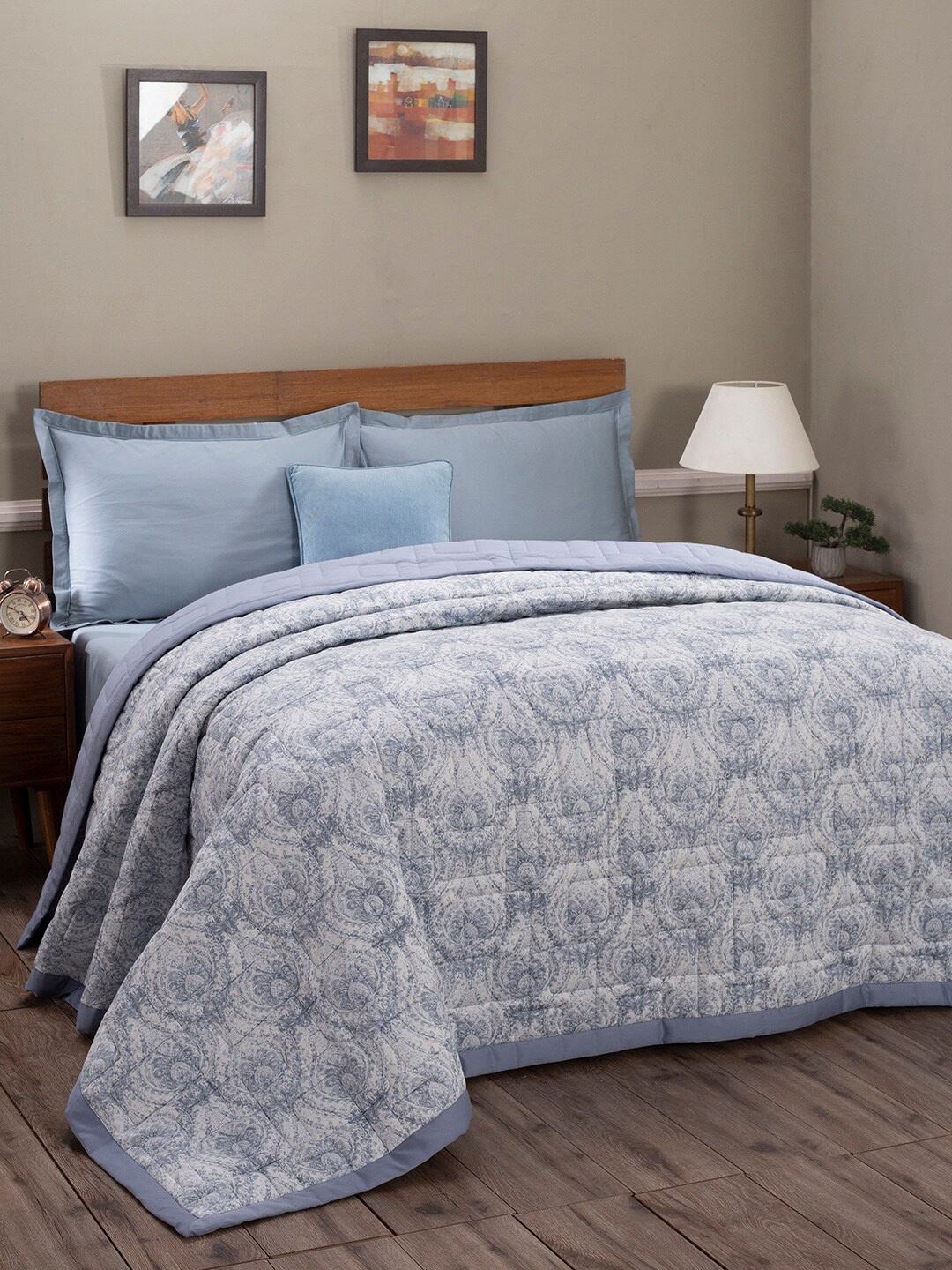 

MASPAR 6-Pcs Blue Art Nouveau Printed 100 GSM Pure Cotton Double Queen Bedding Set
