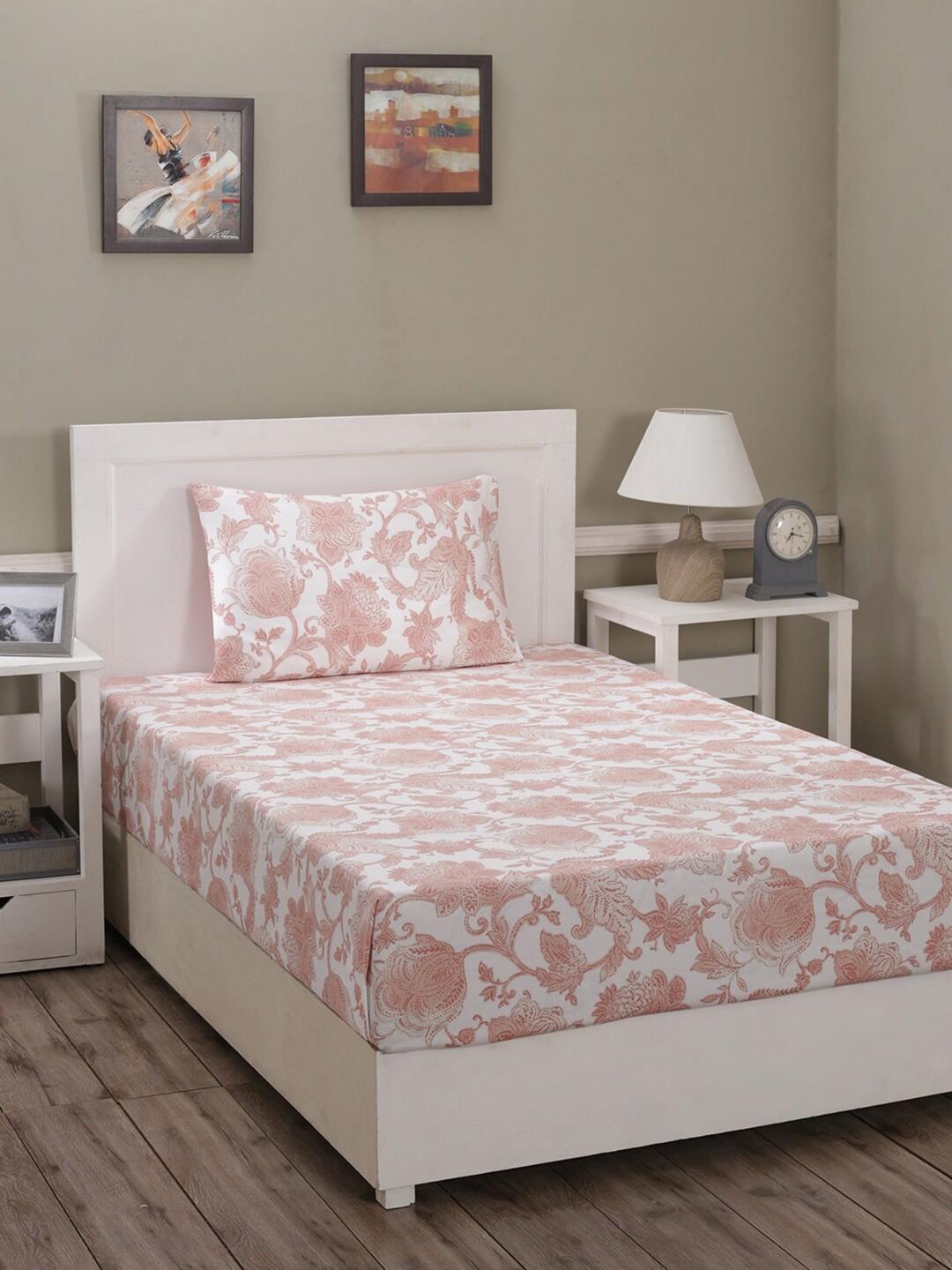 

MASPAR Red & White Floral 210 TC Single Bedsheet with 1 Pillow Covers