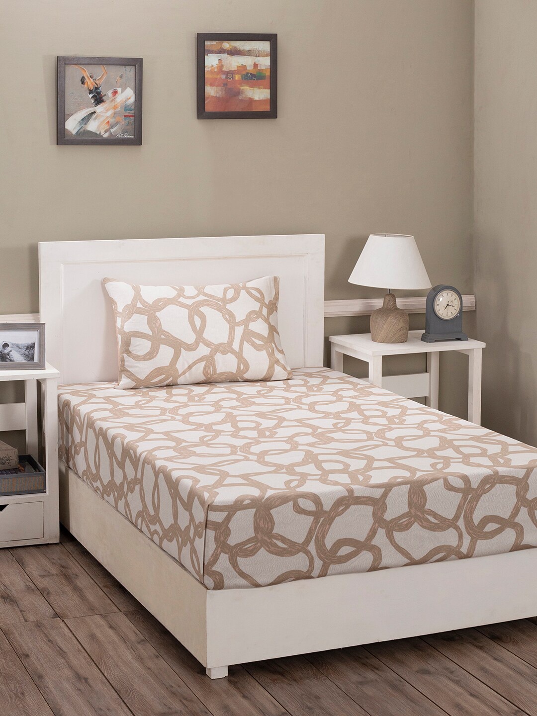 

MASPAR Beige & Off White 210 TC Single Bedsheet with 1 Pillow Covers