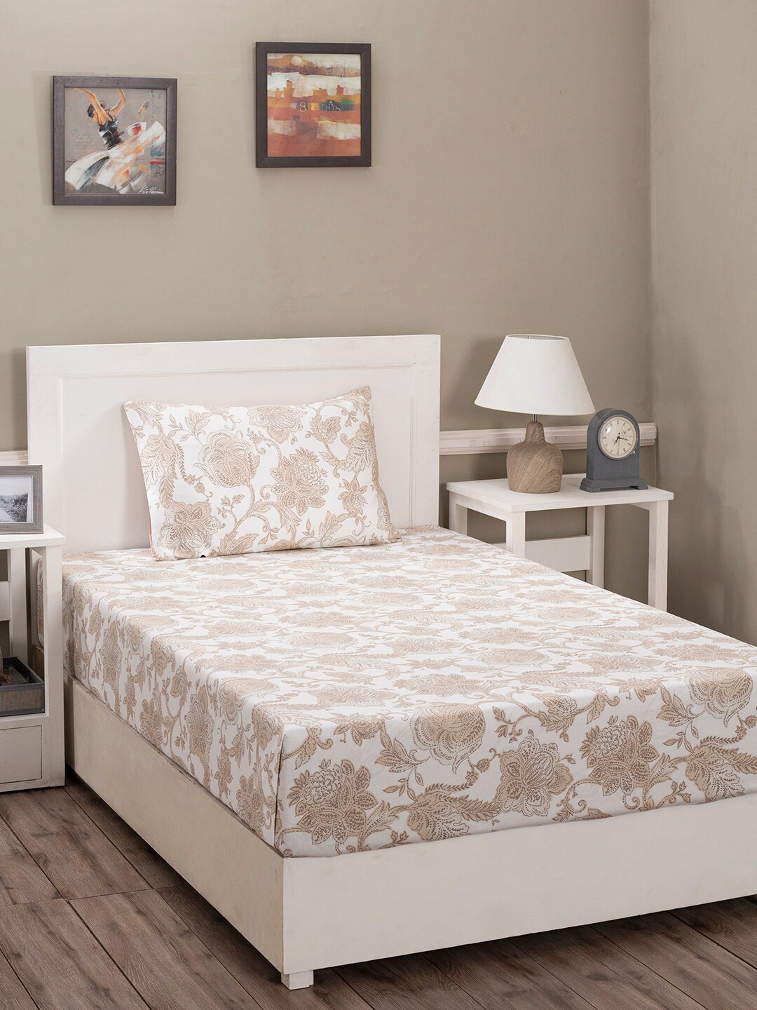 

MASPAR Cream & Beige 210 TC Single Floral Cotton Bed Sheet with 1 Pillow Covers