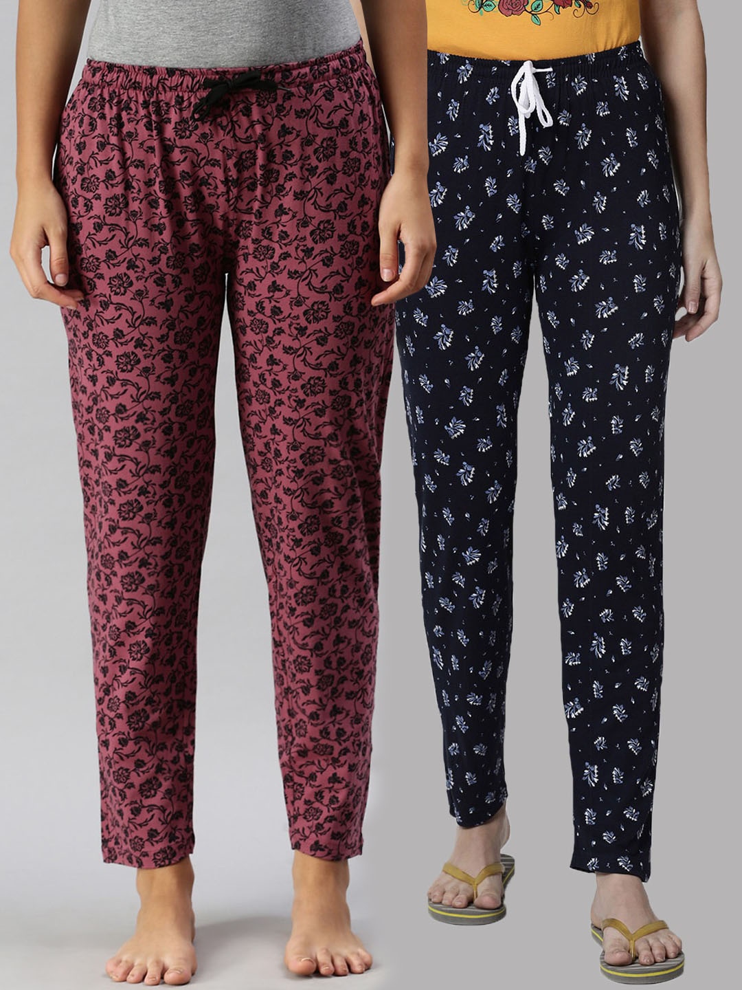 

Kryptic Women Pack of 2 Maroon & Navy Blue Printed Mid Rise Cotton Lounge Pants