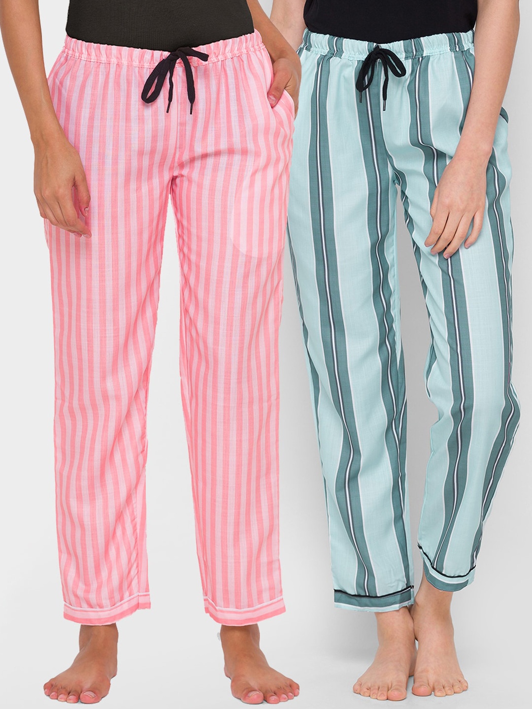 

FashionRack Women Pink & Blue Set Of 2 Printed Cotton Lounge Pants