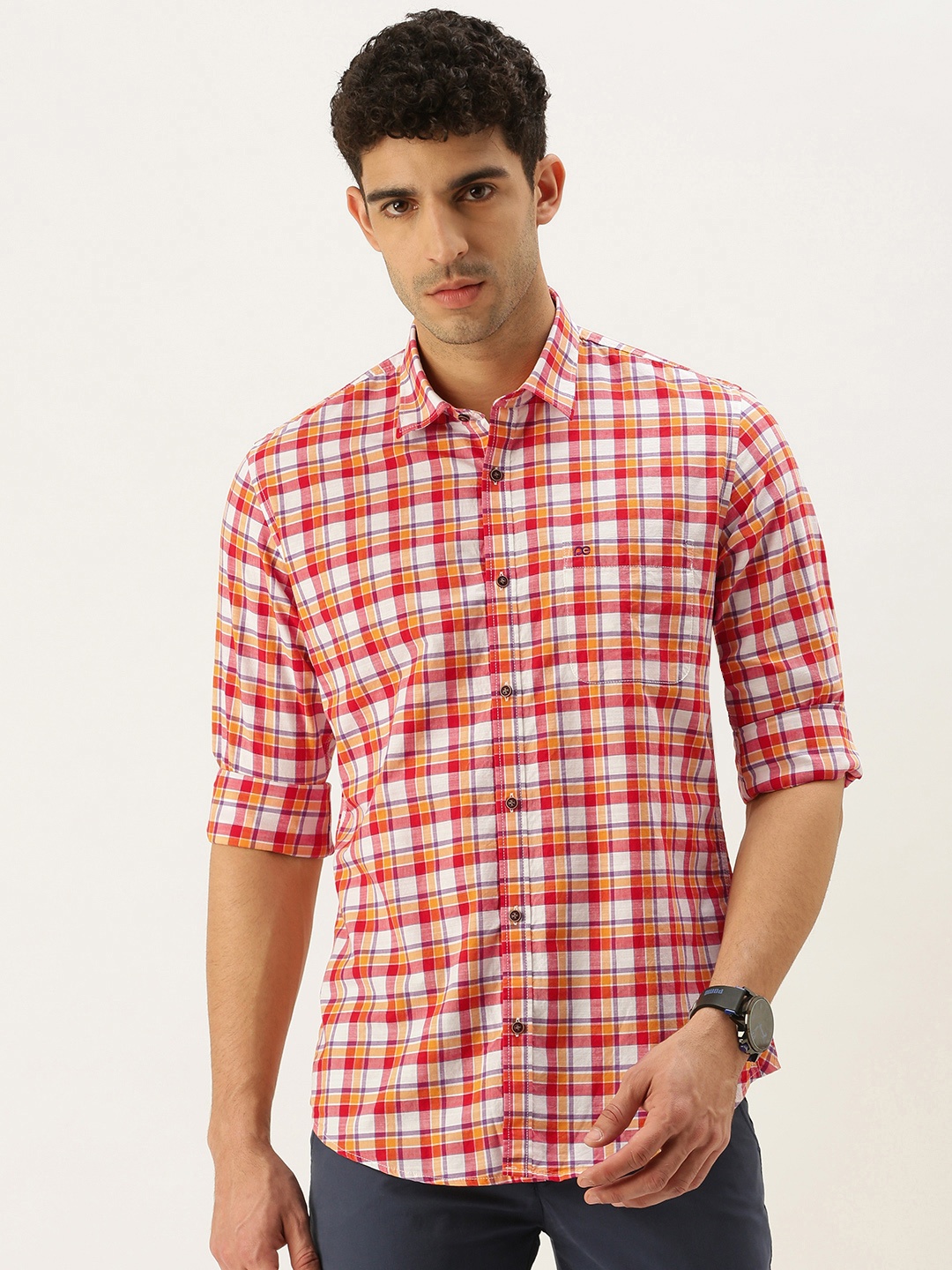 

Peter England Casuals Men Multi Slim Fit Tartan Checks Casual Shirt, Red