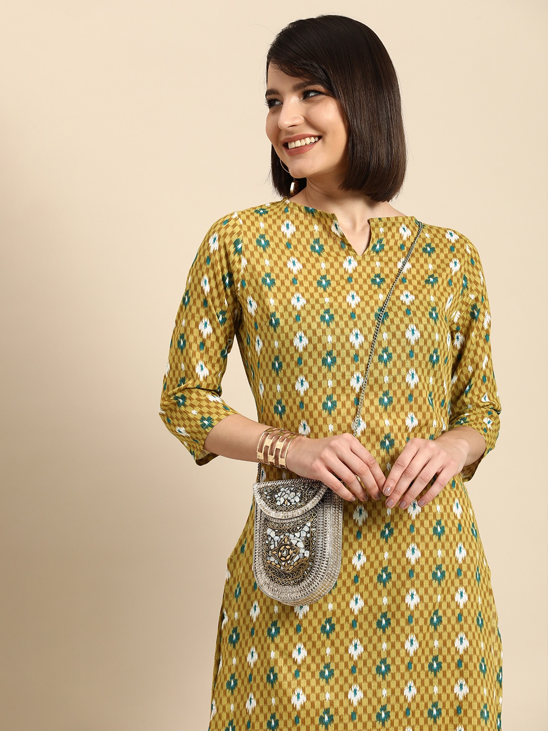 

Anouk Women Olive Green Ethnic Motifs Printed Pure Cotton Kurta