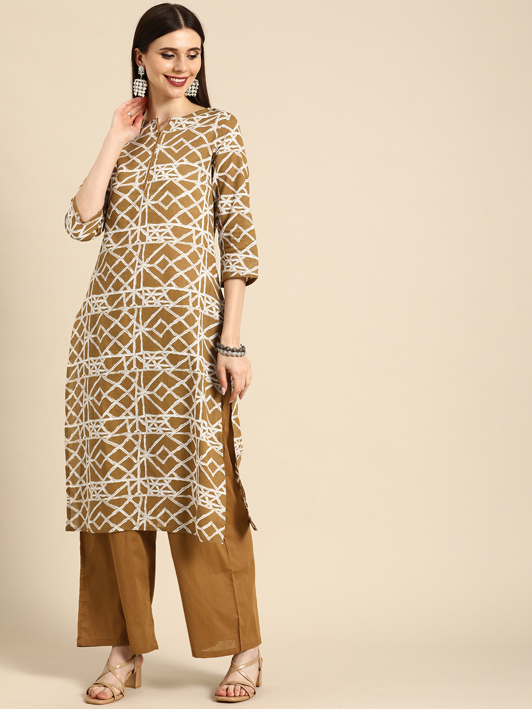 

Anouk Women Brown Geometric Printed Pure Cotton Kurta with Trousers