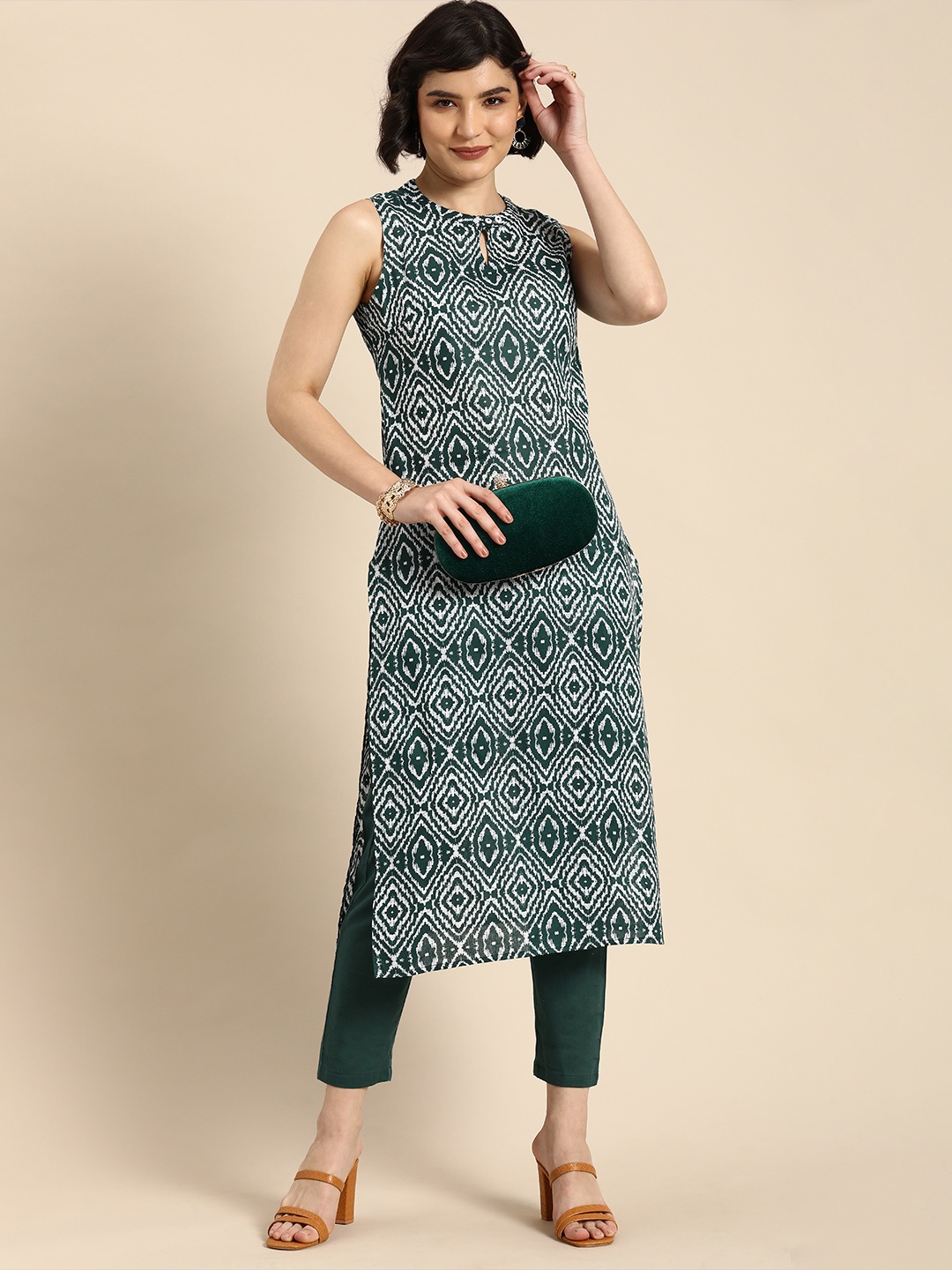 

Anouk Women Green & White Printed Pure Cotton Kurta with Trousers