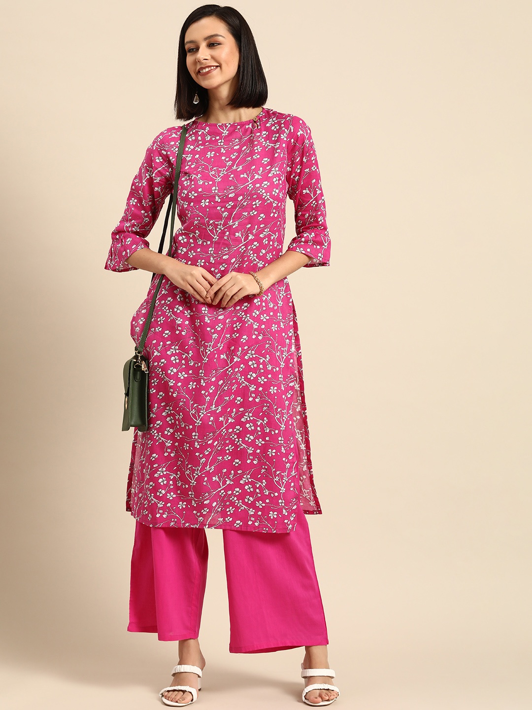 

Anouk Women Pink Floral Printed Pure Cotton Kurta with Palazzos